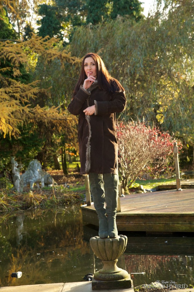 Fur Coat and Boots, Miss Hybrid, outdoors, nylons